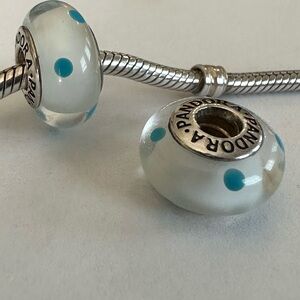 (2) Pandora White With Blue Polka Dot Murano Glass Beads.